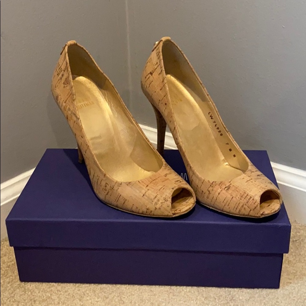 Stuart Weitzman cork peep toe pumps.